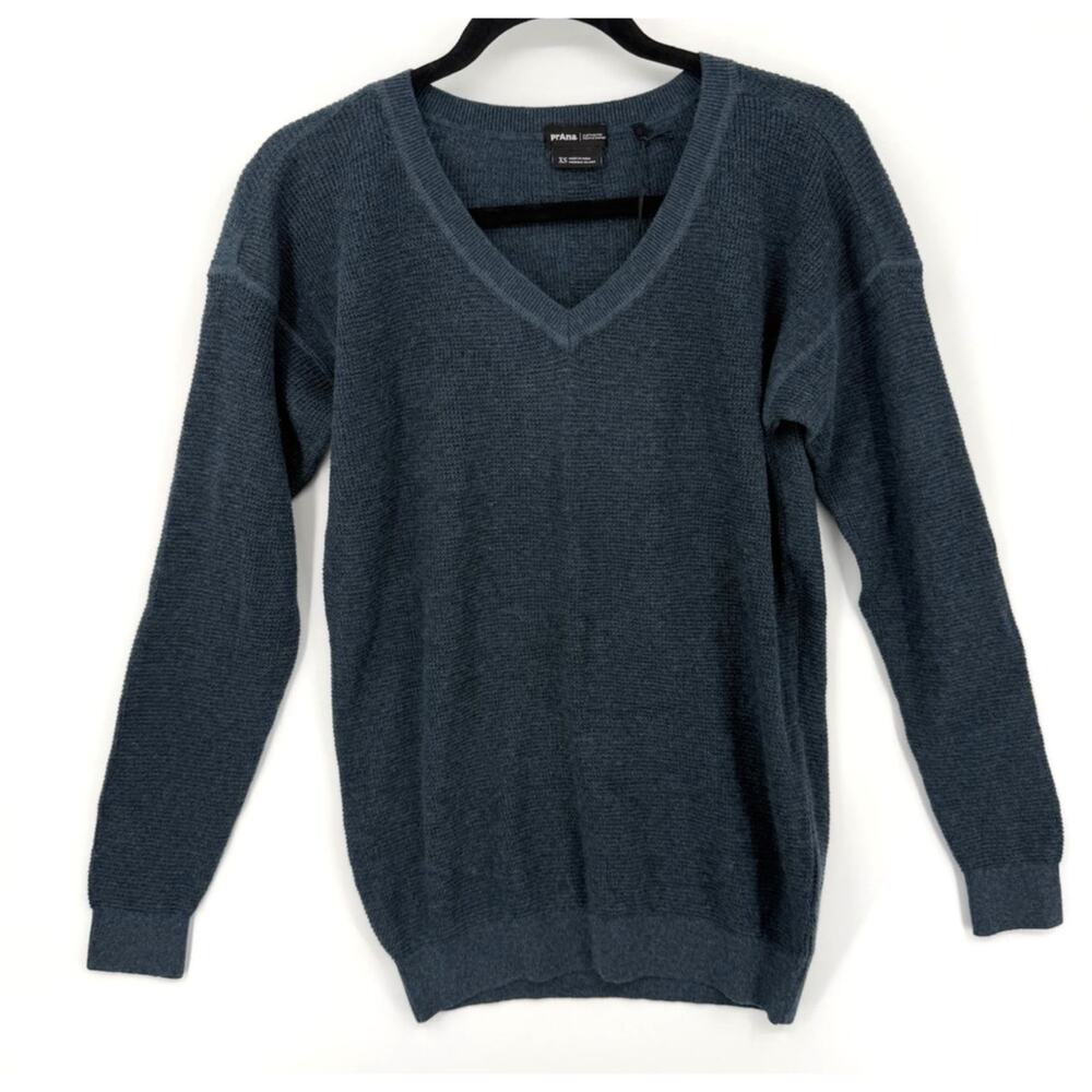 NWT prAna Dark Sky Blue Organic Cotton Blend Milani V-Neck Sweater Size XS